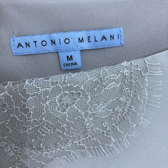 Antonio Melani Silk Top M Grey Lace Trim Sleeveless V-Neck Layered Blouse - Picture 9 of 11